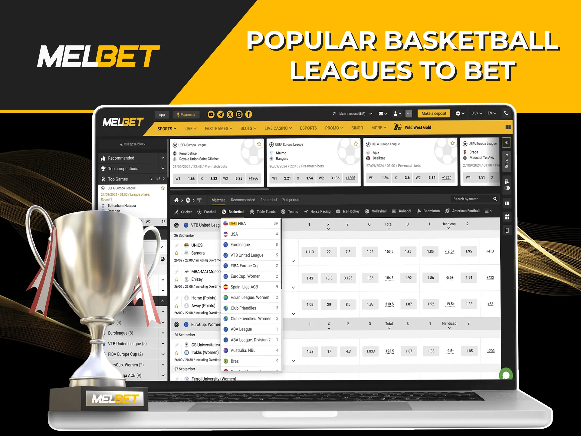 Find out about all available basketball leagues that you can bet on at Melbet bookmaker.