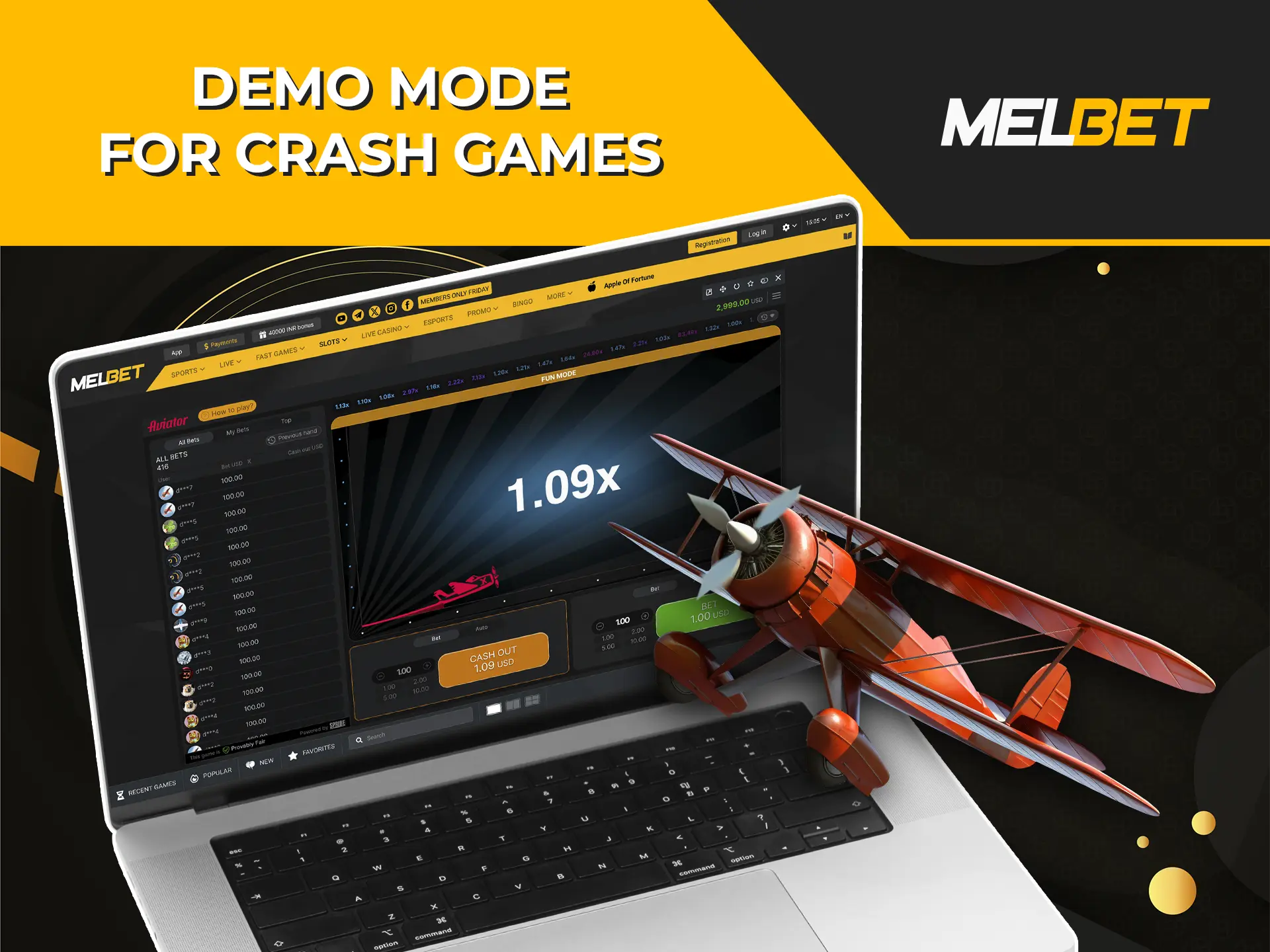 Gain experience and confidence by trying out the demo mode in crash games from Melbet Casino.