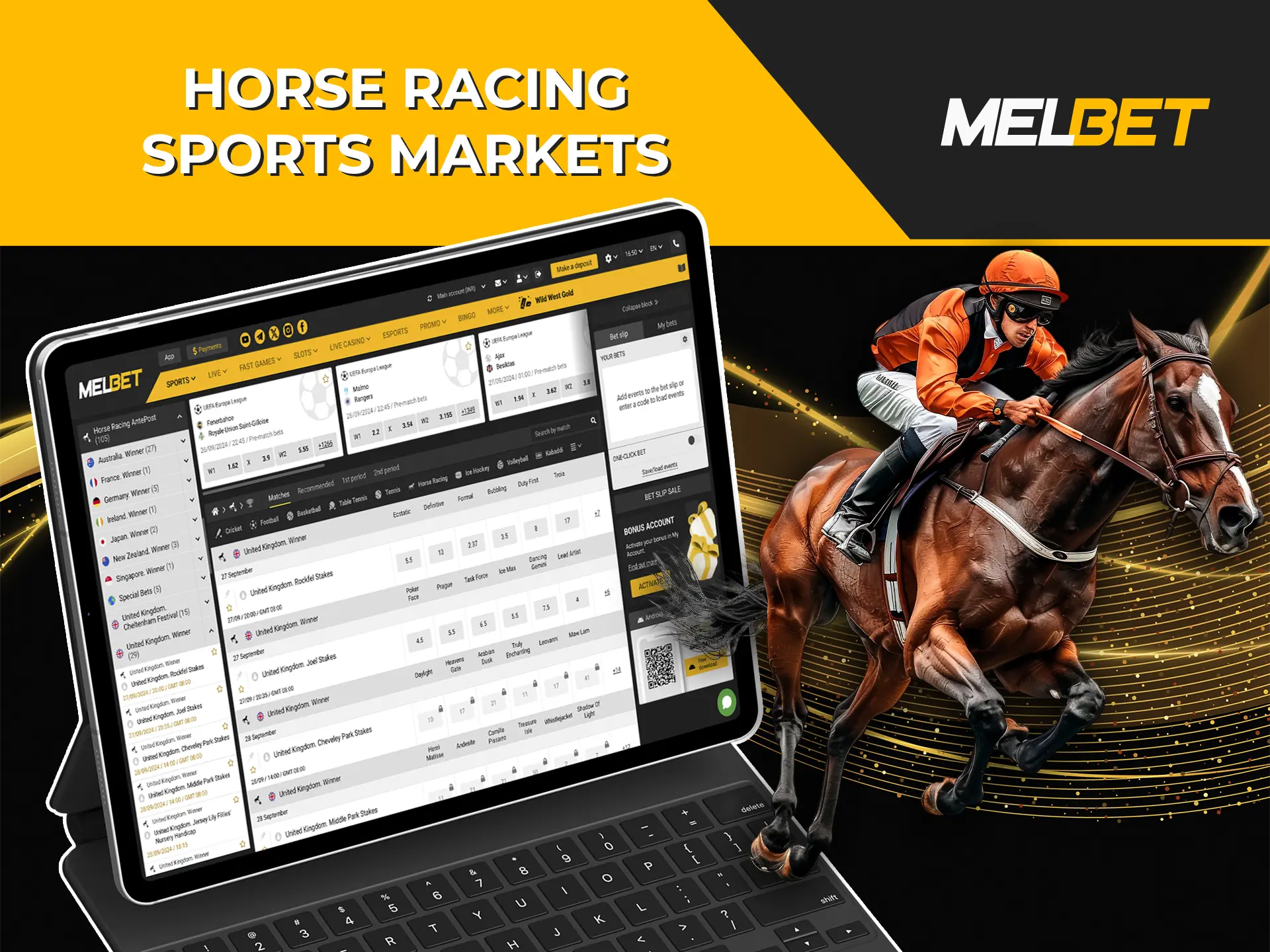 Explore the available horse racing betting market and make an accurate outcome at Melbet Casino.