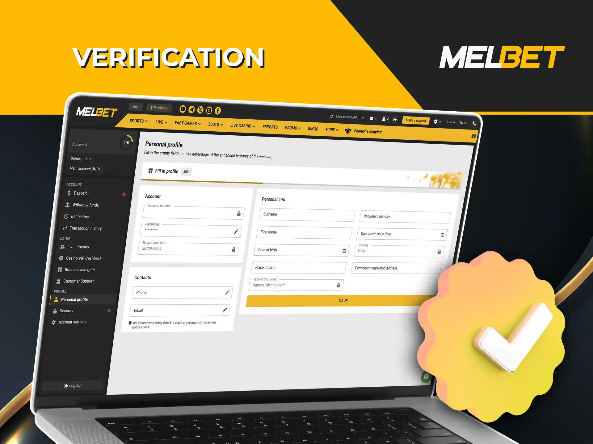 Confirm your identity to open all features of the Melbet website.