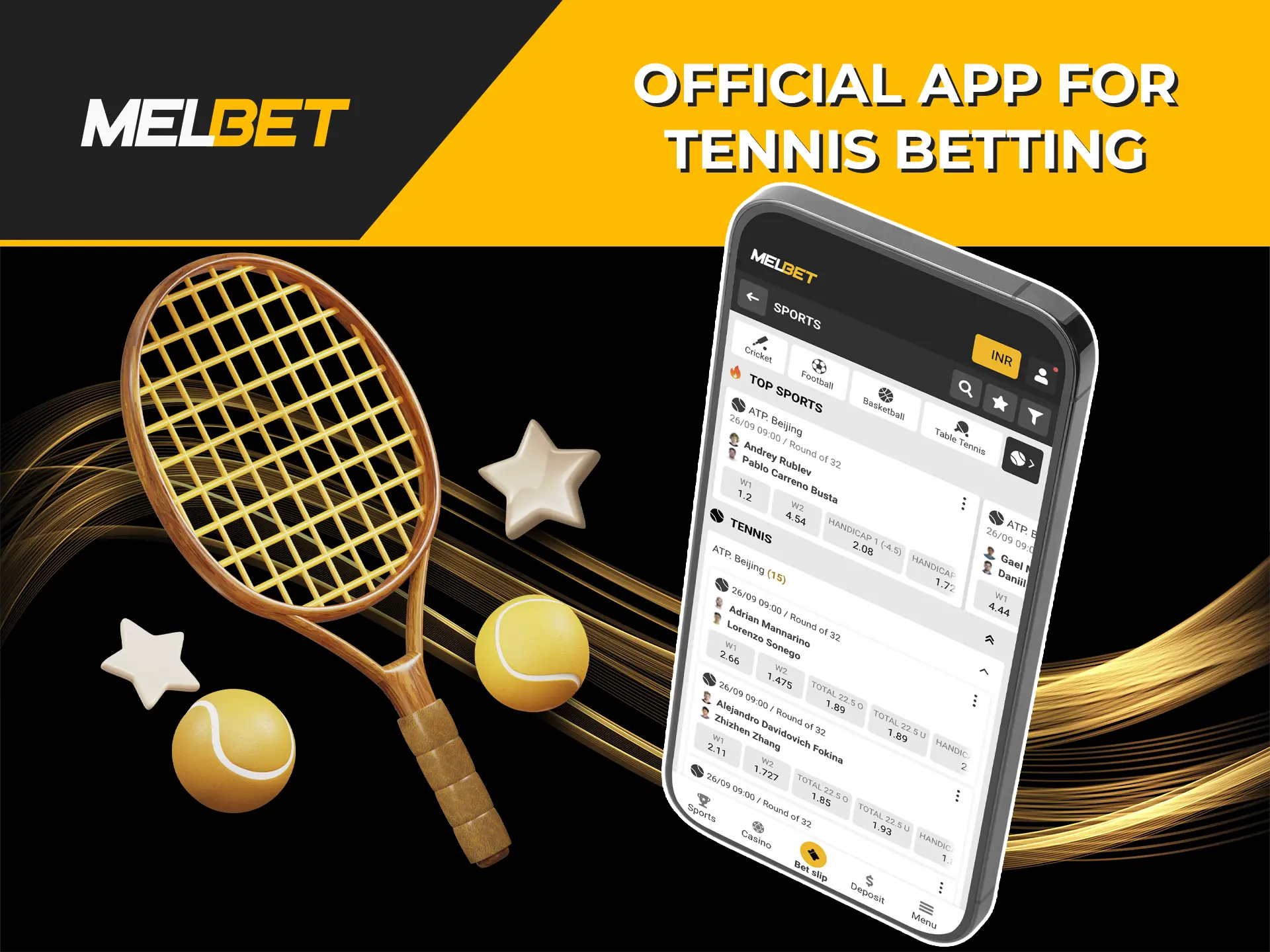 Use the convenient and stable Melbet app for your tennis betting needs.