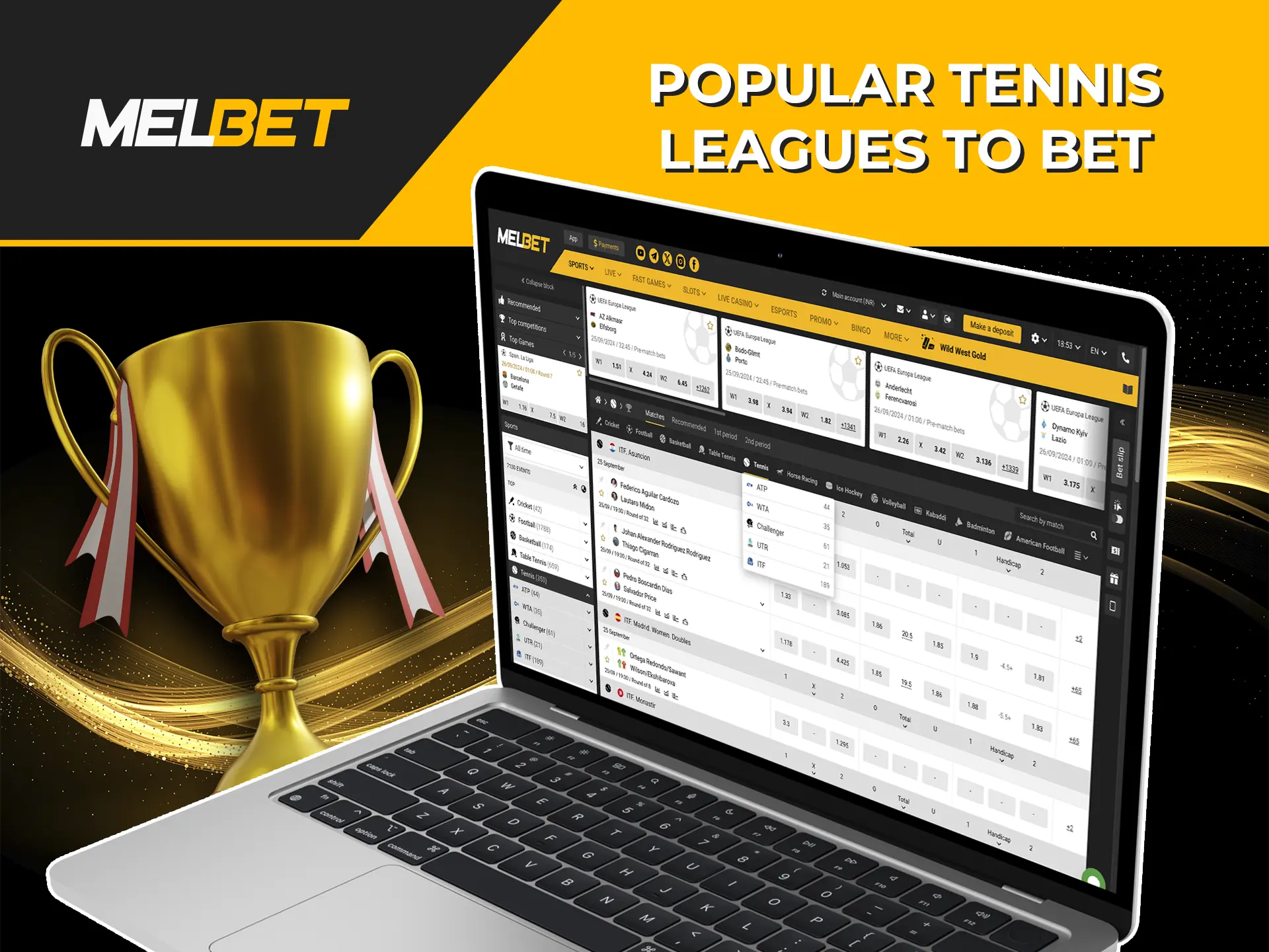 Check out the most high-profile and popular tennis tournaments to bet on at Melbet Casino.