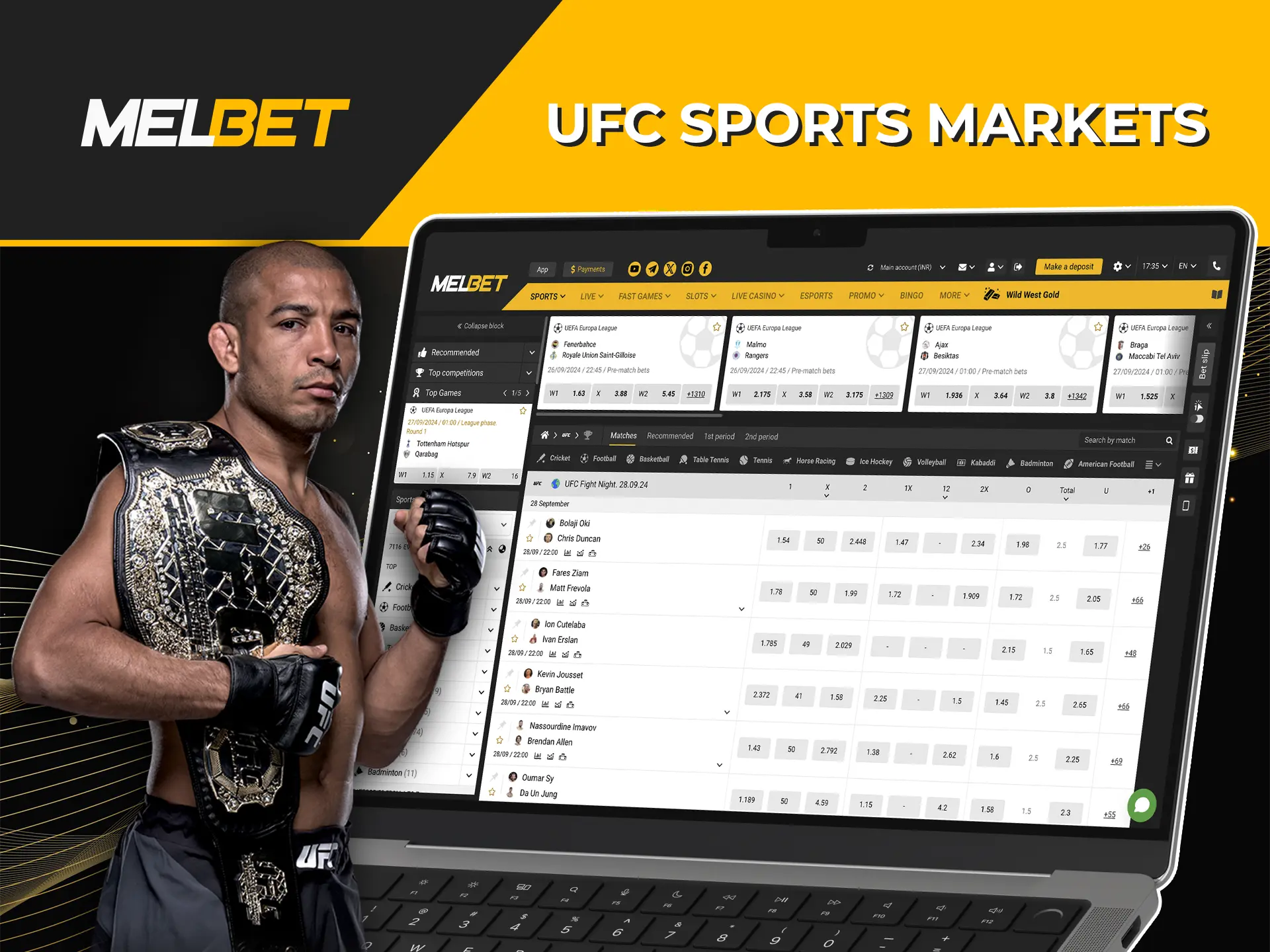 Explore the available bets and odds on the best UFC fights at Melbet bookmaker.