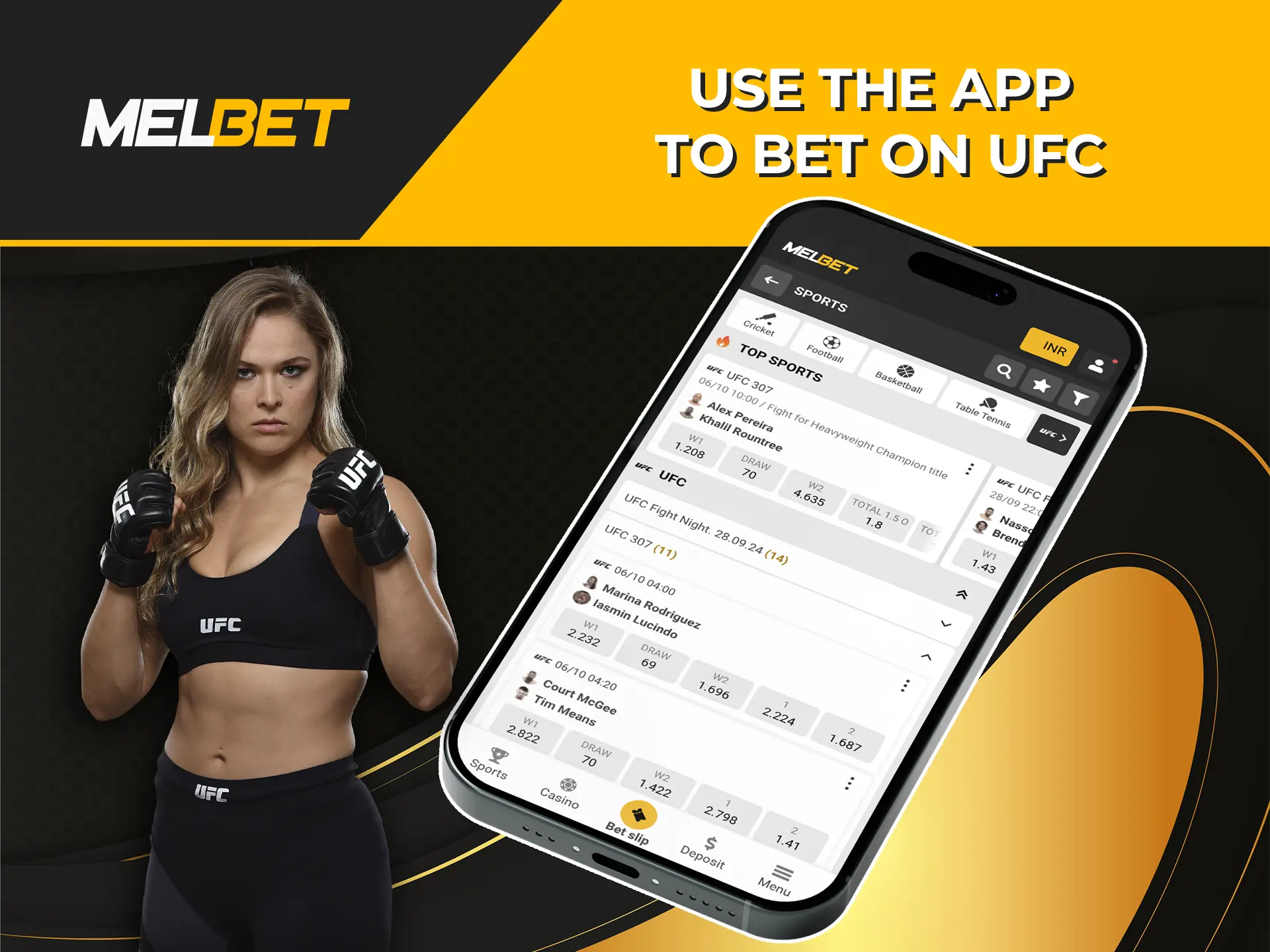 Place your bets via the Melbet app where you will always find the most attractive odds on UFC fights.