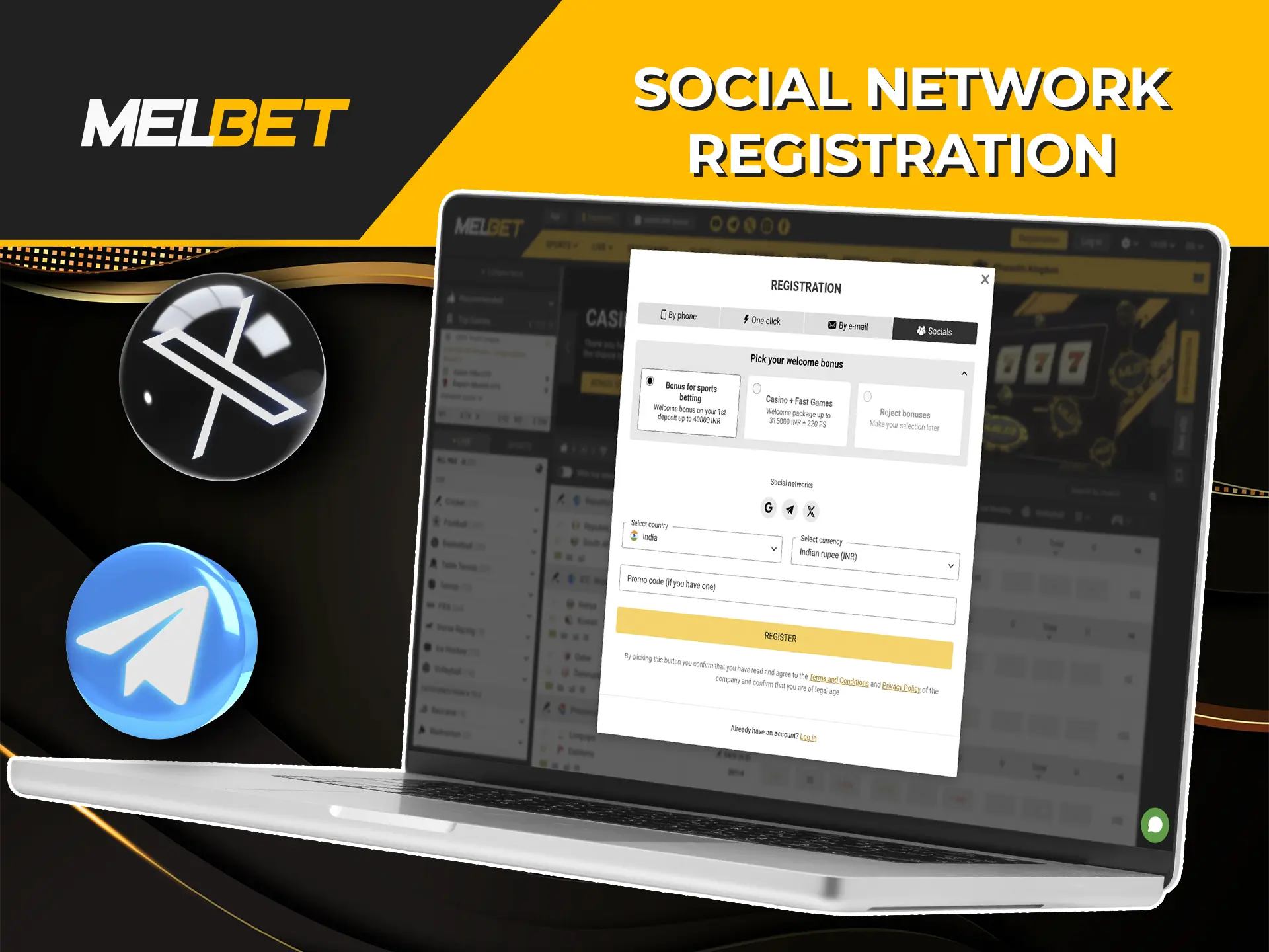 Instant registration at Melbet Casino is available via the most popular social networks.