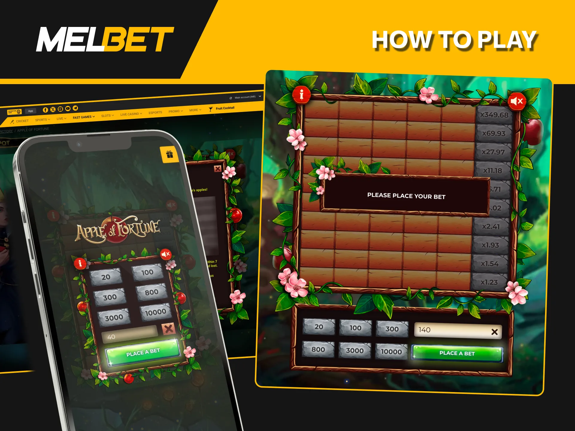 Create an account on Melbet, locate Apple of Fortune under 'Fast games', and play.