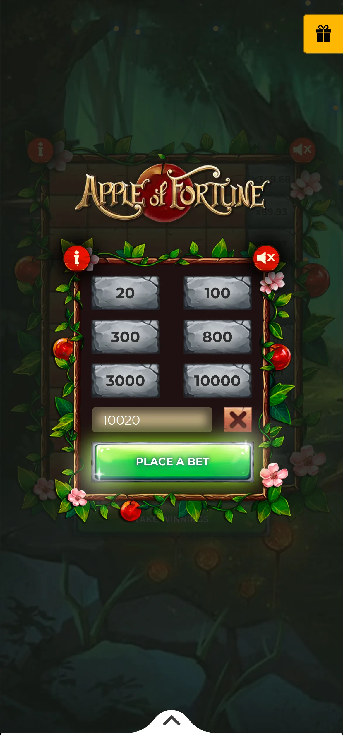 Select your stake in the Apple of Fortune game at Melbet.