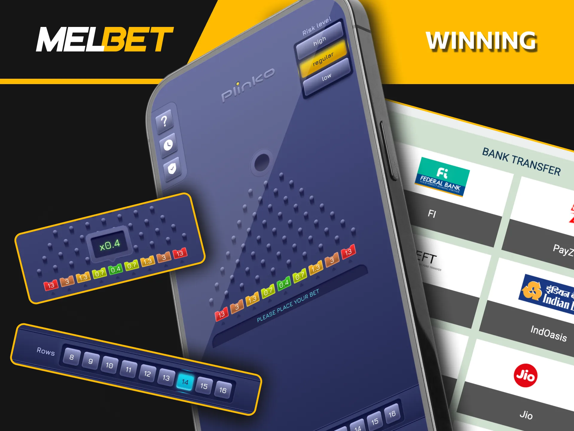 Calculate Melbet Plinko winnings with multipliers and risk levels.