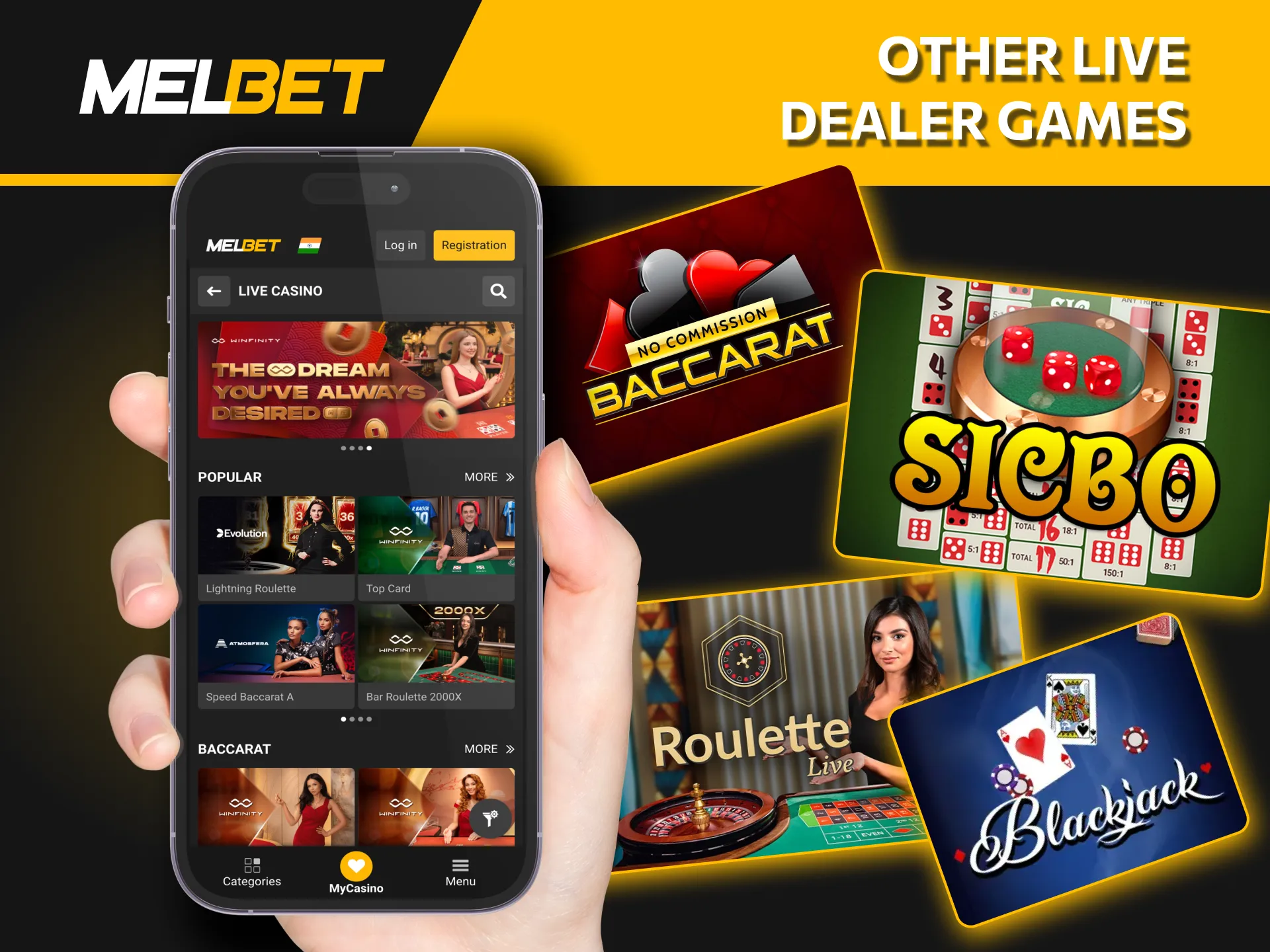 Melbet offers exciting live games like Dream Catcher and Sic Bo.