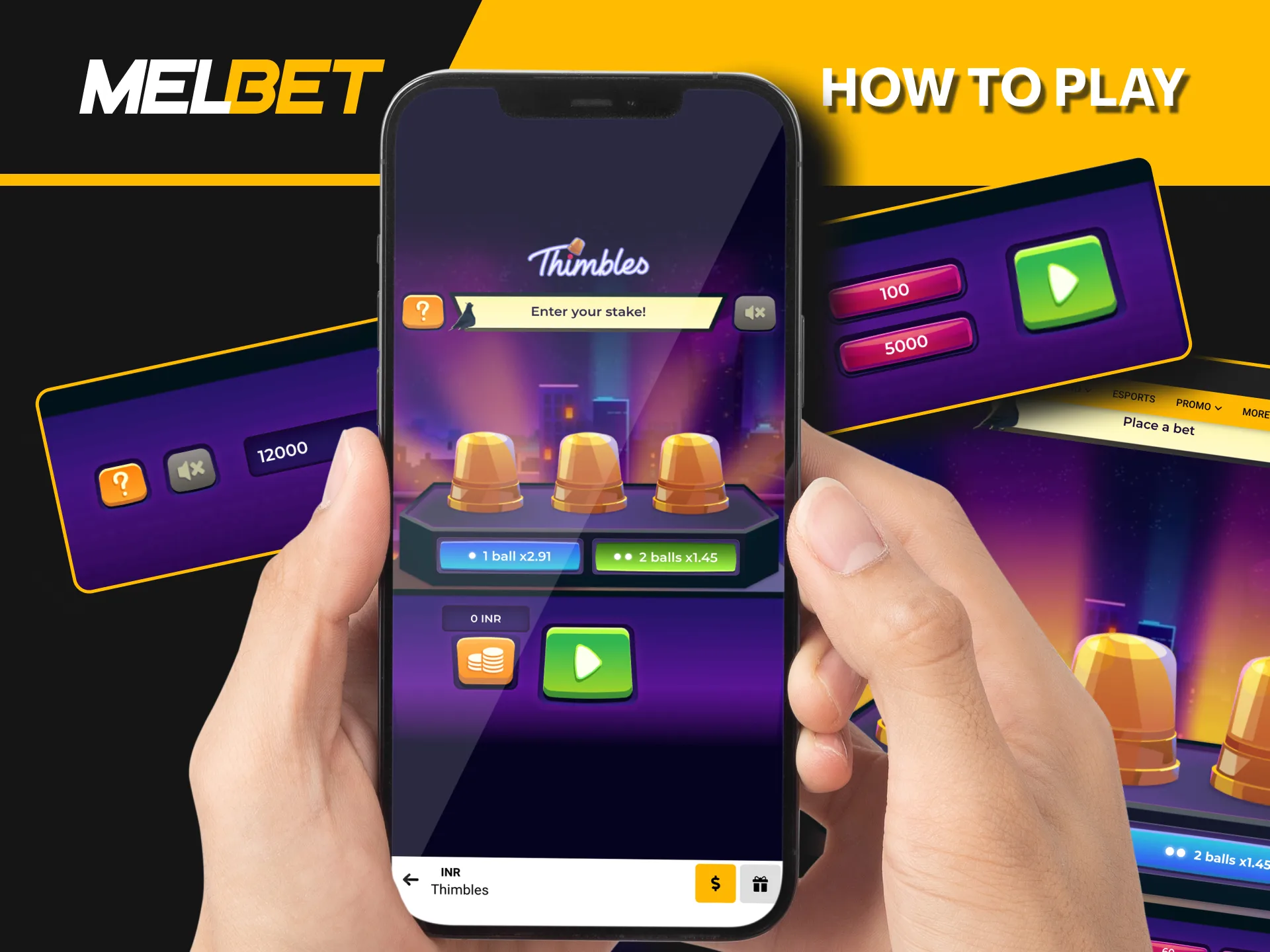 Join Melbet, navigate to 'Fast games', locate Thimbles, fund your balance, and play.