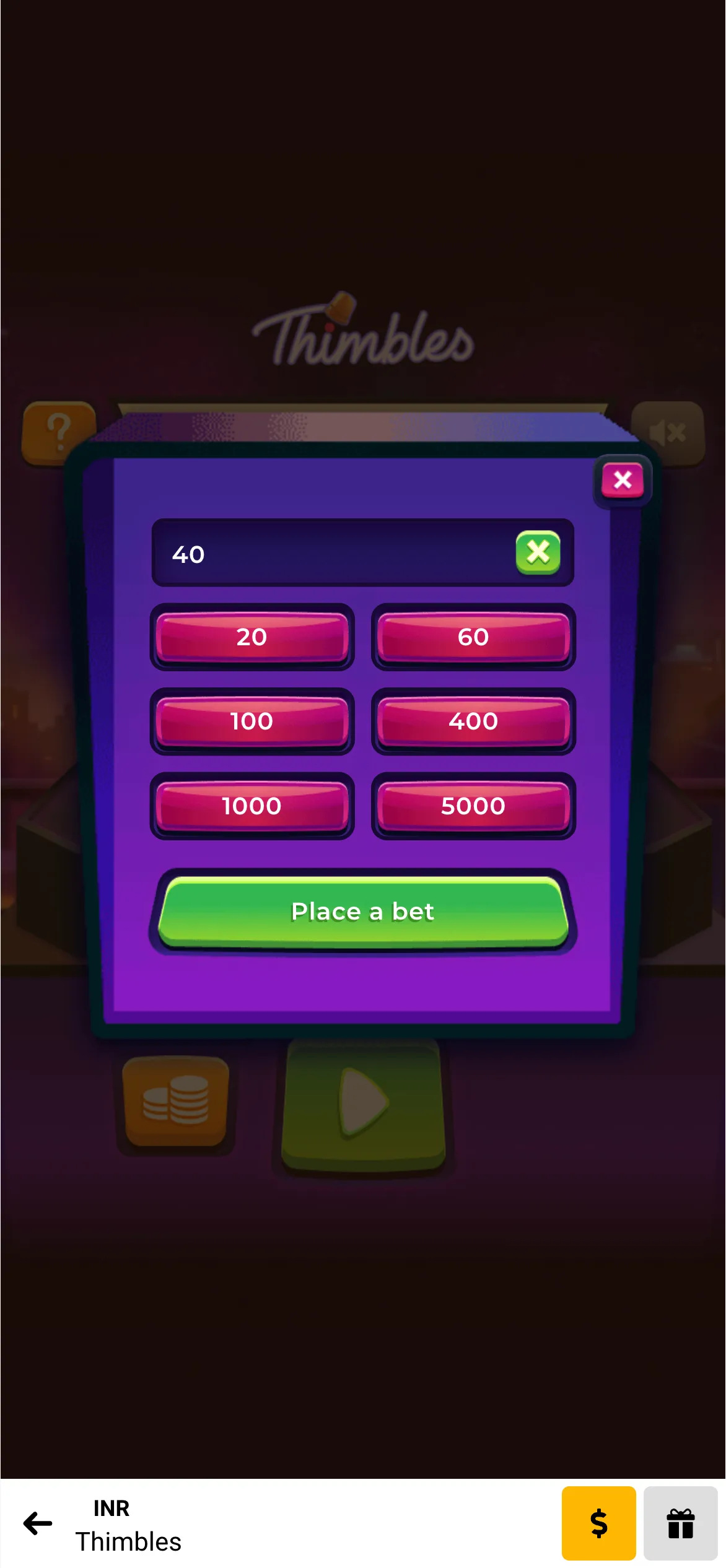 Access the bet options window in Melbet's Thimbles game.